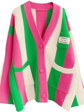 Bold Pink, Green & Cream Striped V‑Neck Cardigan Jascls L Xl